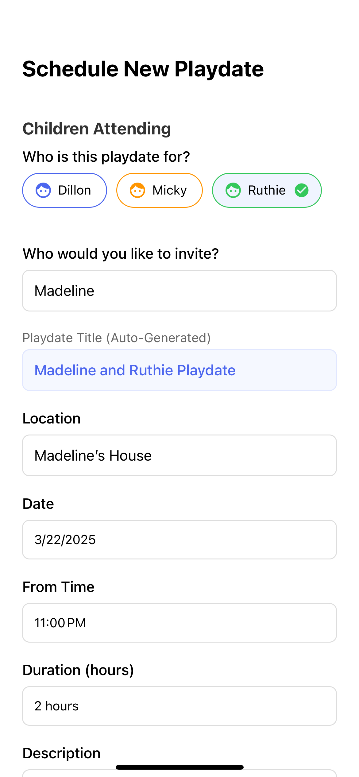 Playdate invitation screen
